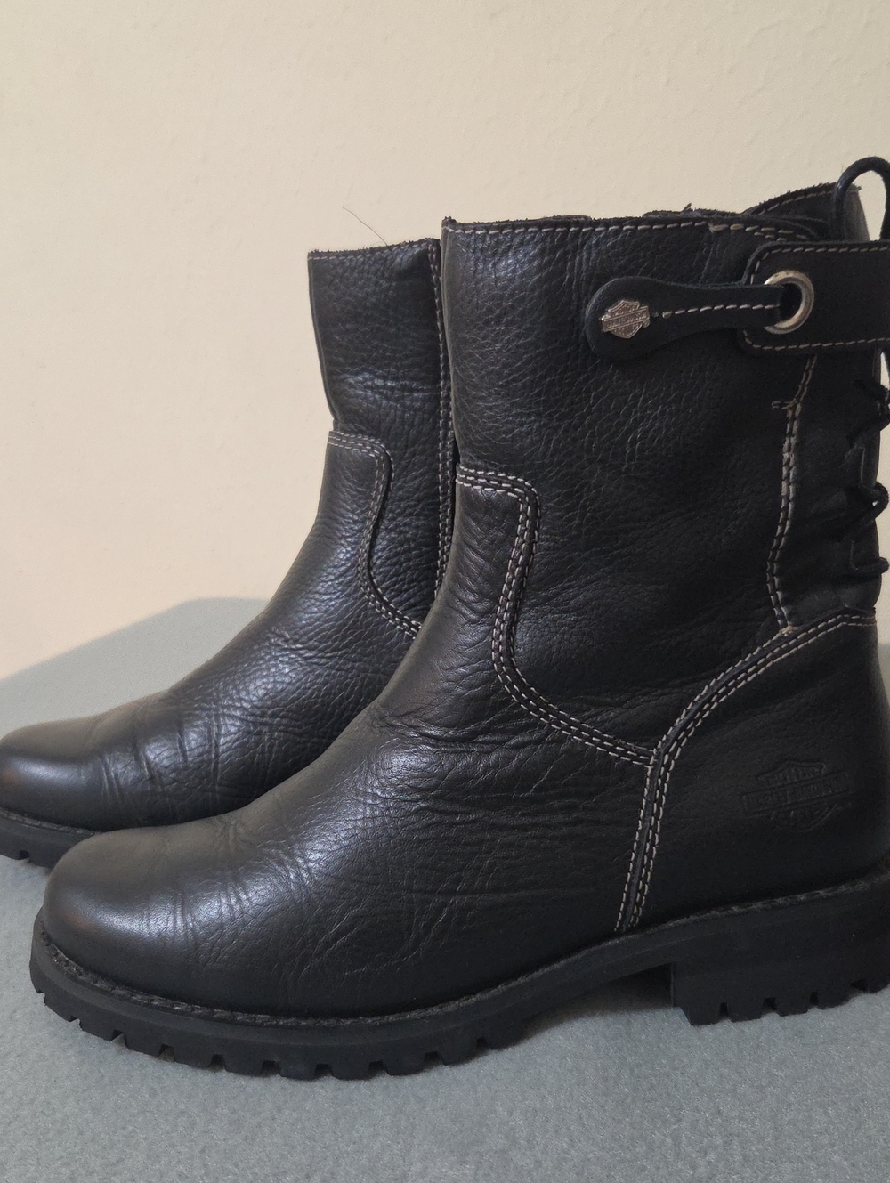 Harley-Davidson Women's Black Leather Riding Boots Contrast Stitching - Sz 7.5